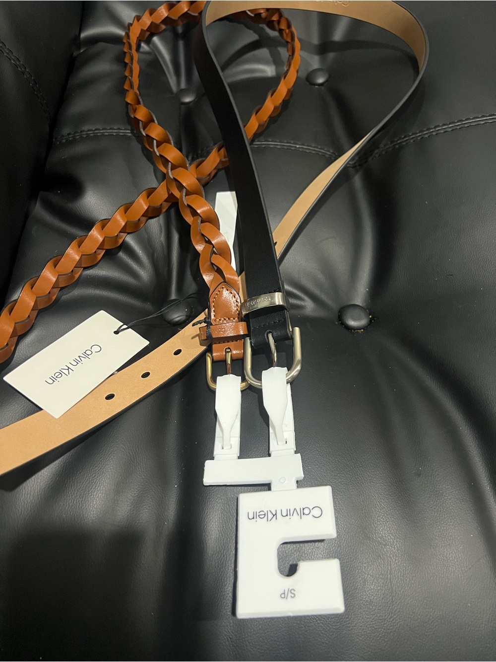 Calvin Klein Black & Tan Braided Leather Belt Set